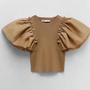 Zara Tan crop blouse top with organza puff sleeve